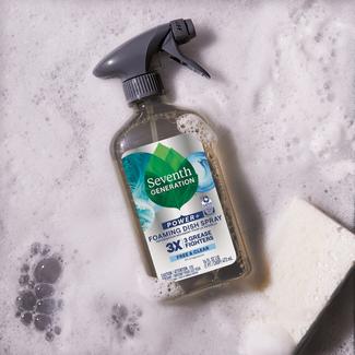 Foaming Dish Spray Free and Clear bottle in soapy sink